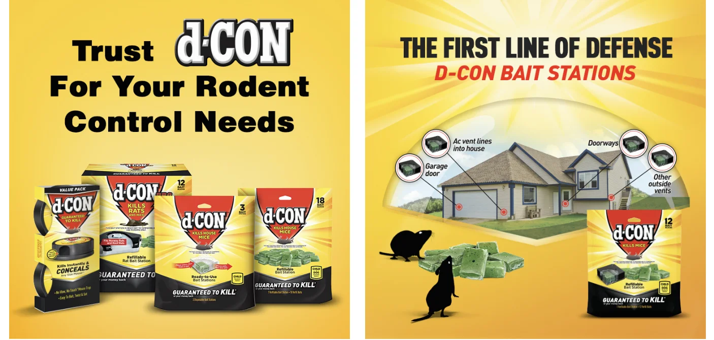 D-Con bait stations protecting an American home — the first line of defense against house mice